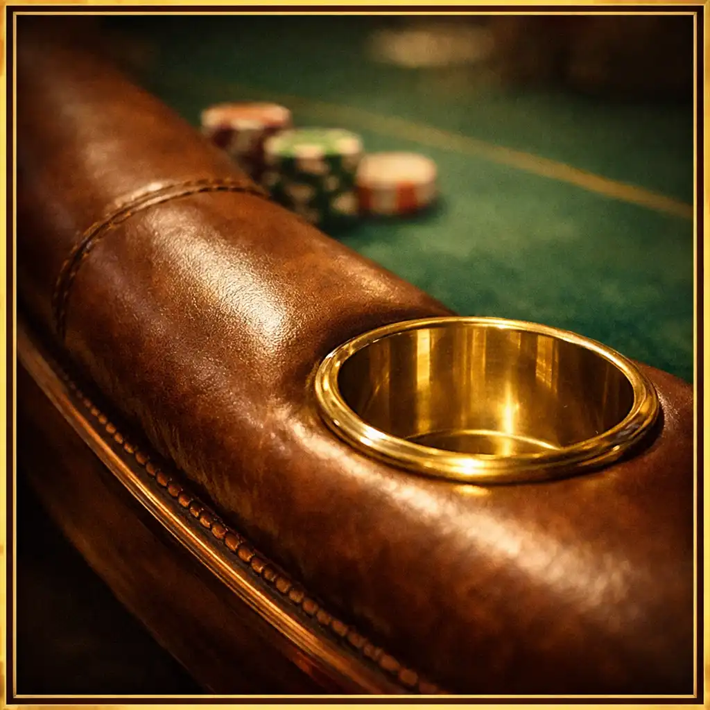 Close-up of a padded leather rail and brass cup holder on a poker table in the Card Lounge