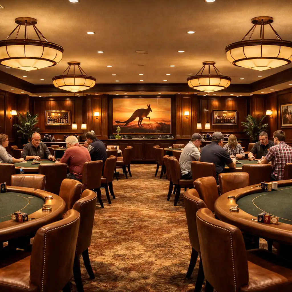 Wide view of the card lounge showing multiple poker tables, timber panelling and leather chairs