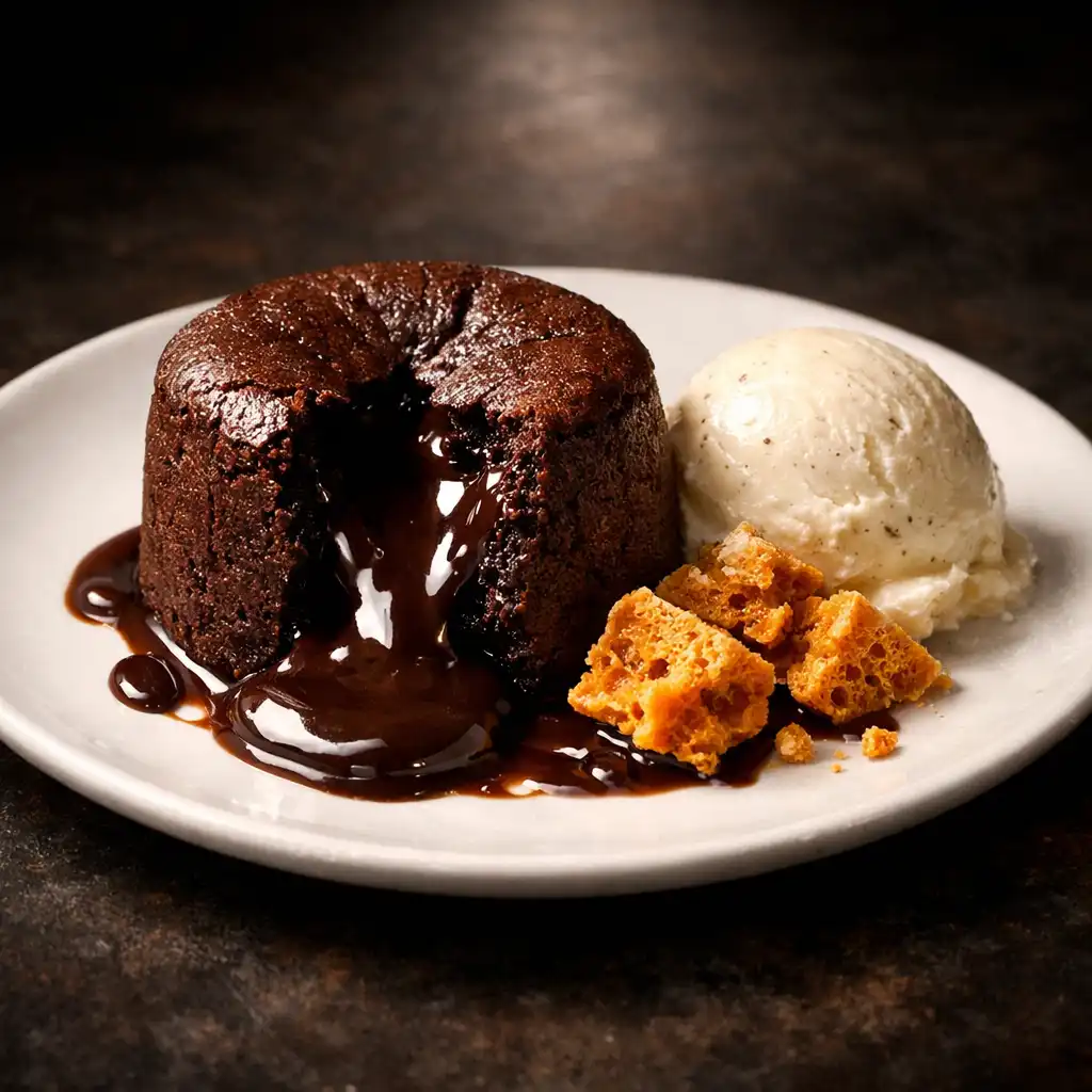 Warm dark chocolate fondant with vanilla bean ice cream and honeycomb