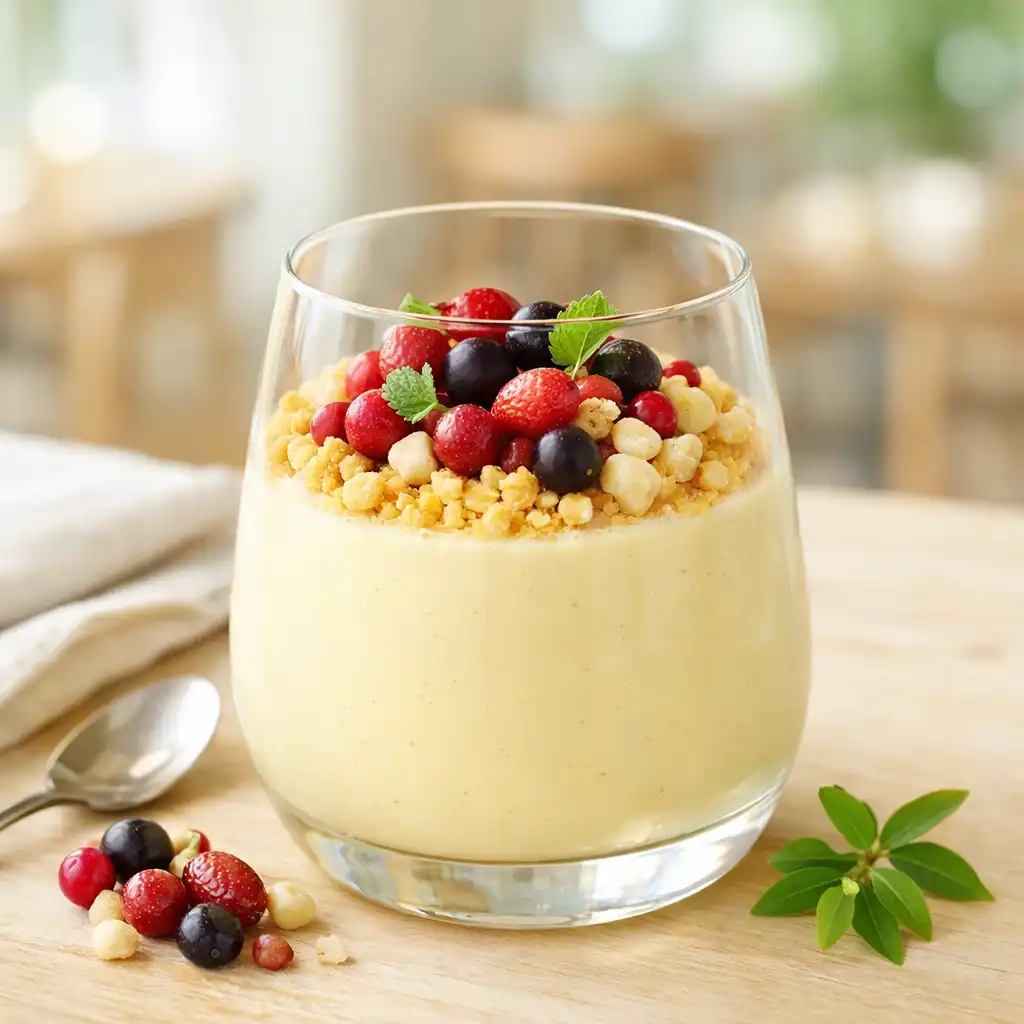 Lemon myrtle panna cotta with macadamia crumble and native berries in a glass
