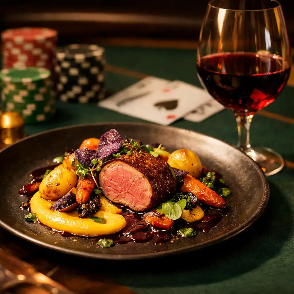 A beautifully plated dish and glass of wine on a poker table with cards and chips in the background
