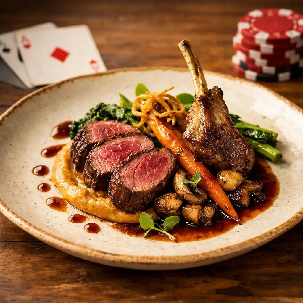 A beautifully plated gourmet dish on a wooden table with a subtle poker theme in the background