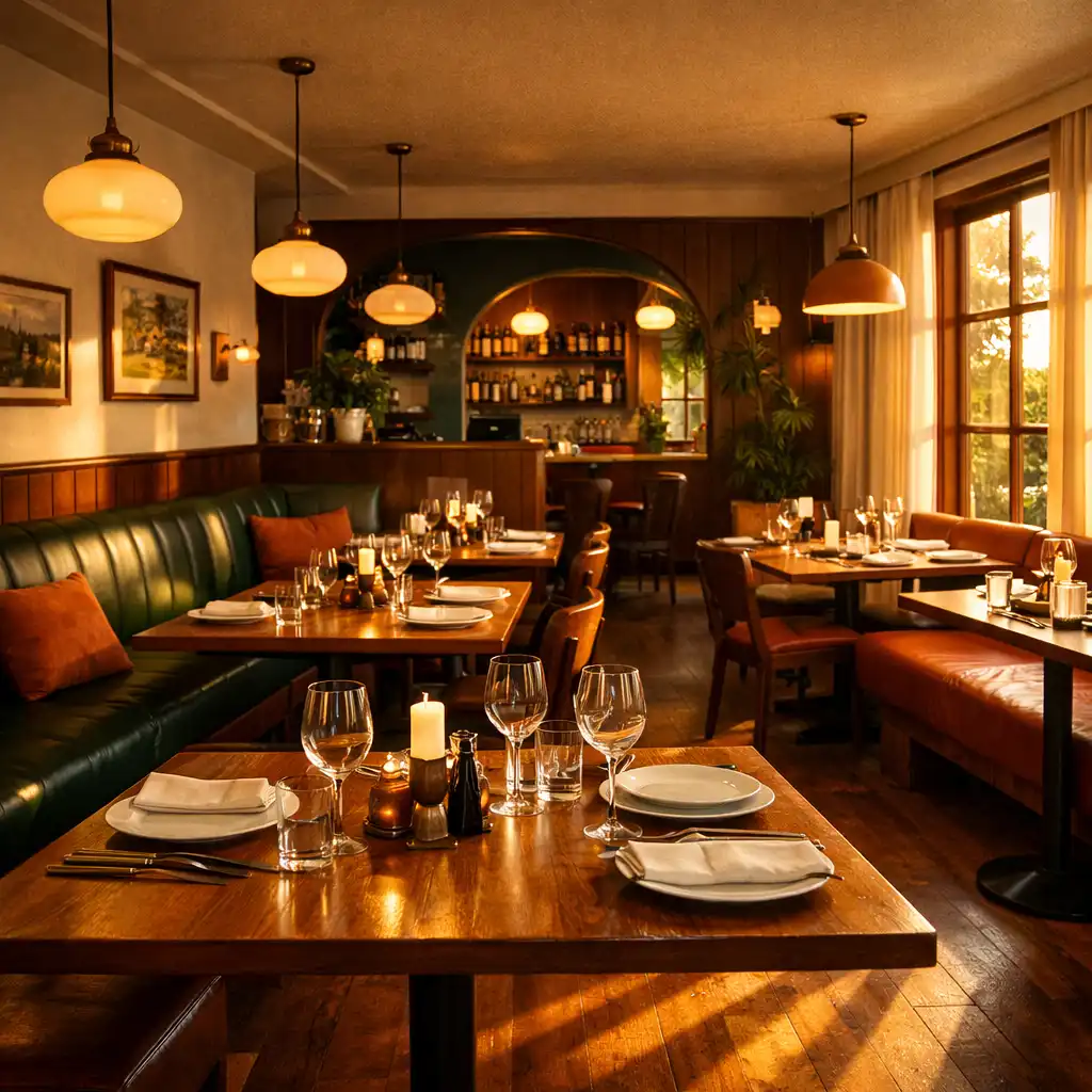 Warm, characterful dining room at Fortune & Table with timber tables, leather banquettes, and soft pendant lighting