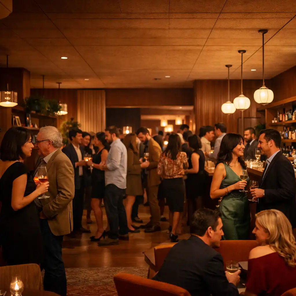 Guests mingling and enjoying drinks during a warm social gathering at Fortune & Table
