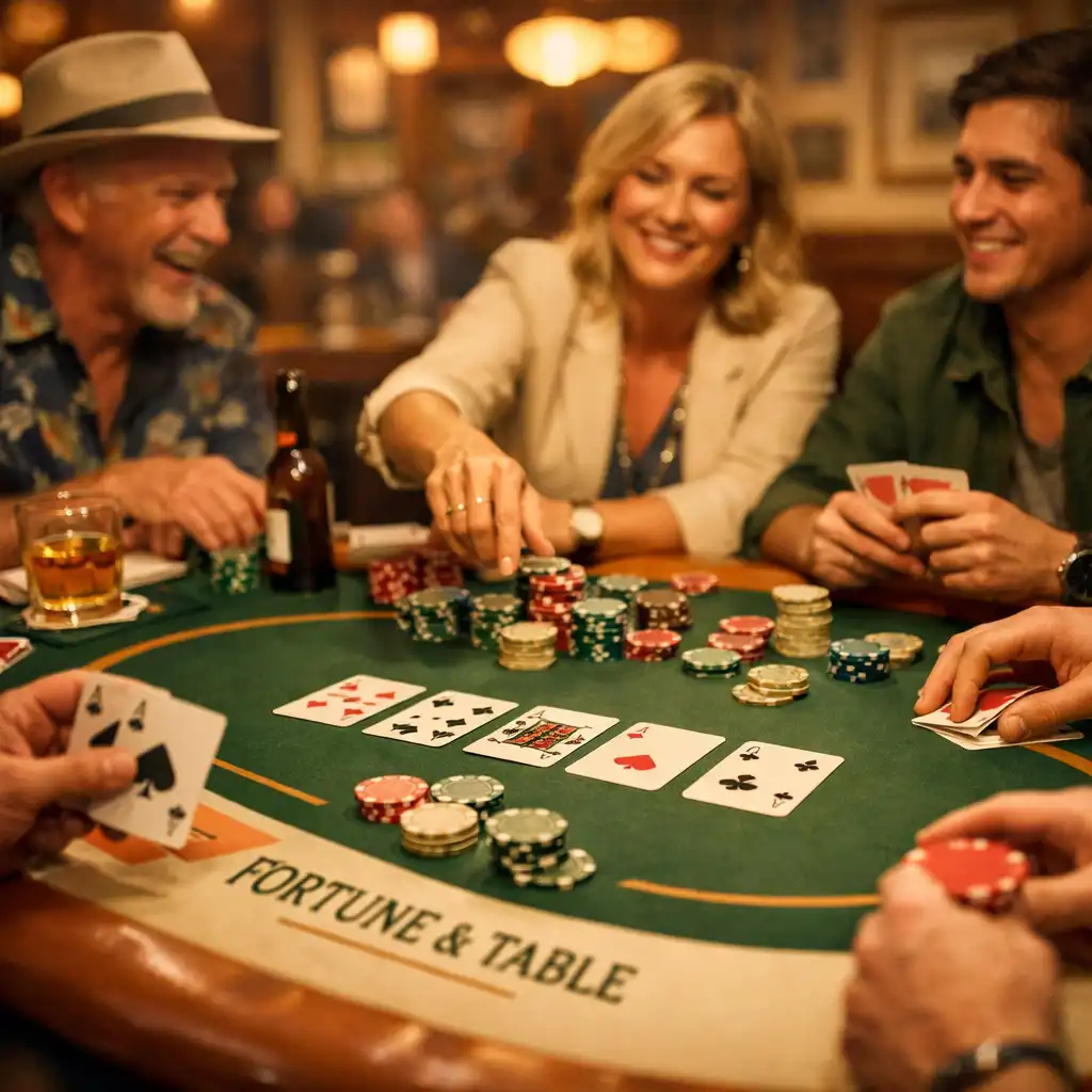 Players gathered around a poker table during a lively event at Fortune & Table