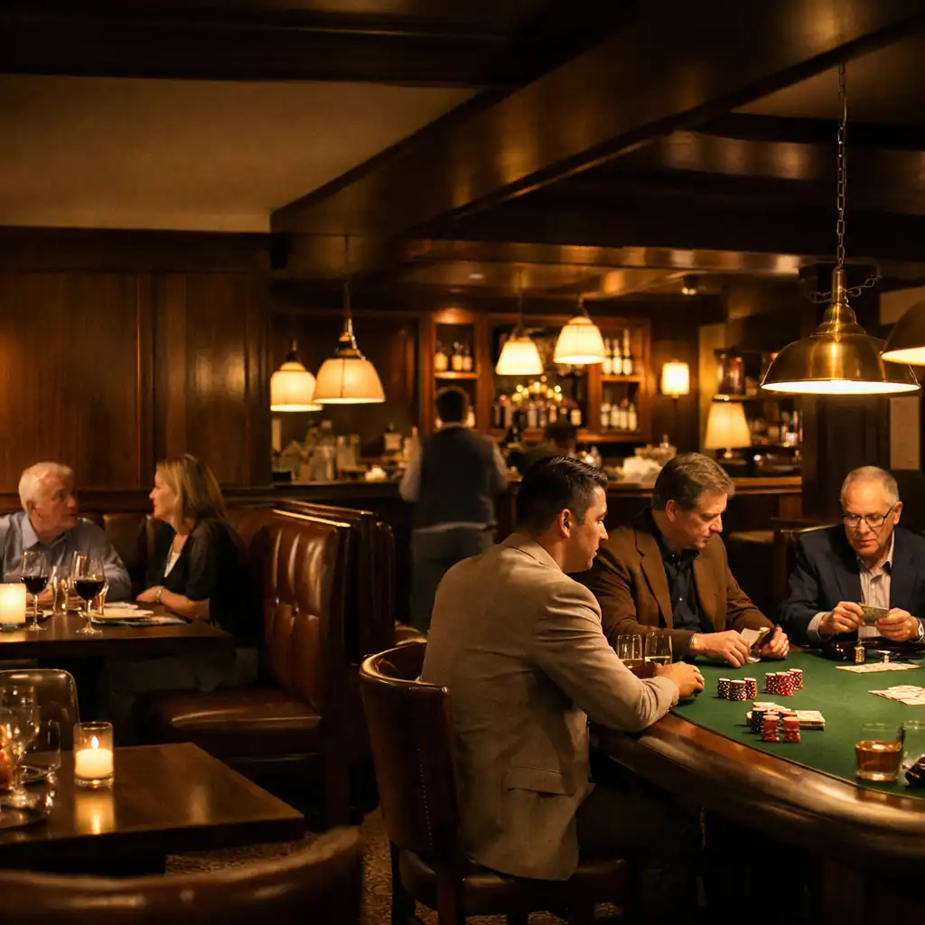 Interior of the Fortune & Table clubhouse with dining tables and a visible poker table in the background