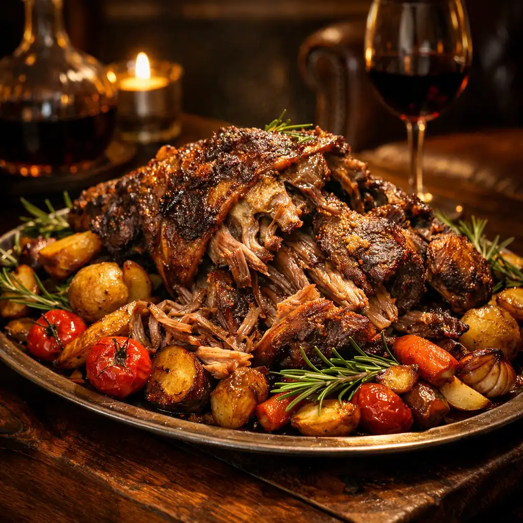 Slow-roasted lamb shoulder with rosemary jus, roasted garlic, and seasonal vegetables on a large platter