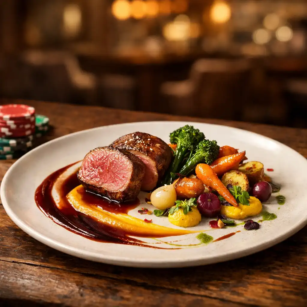 A beautifully plated modern Australian dish on a rustic wooden table with warm clubhouse lighting