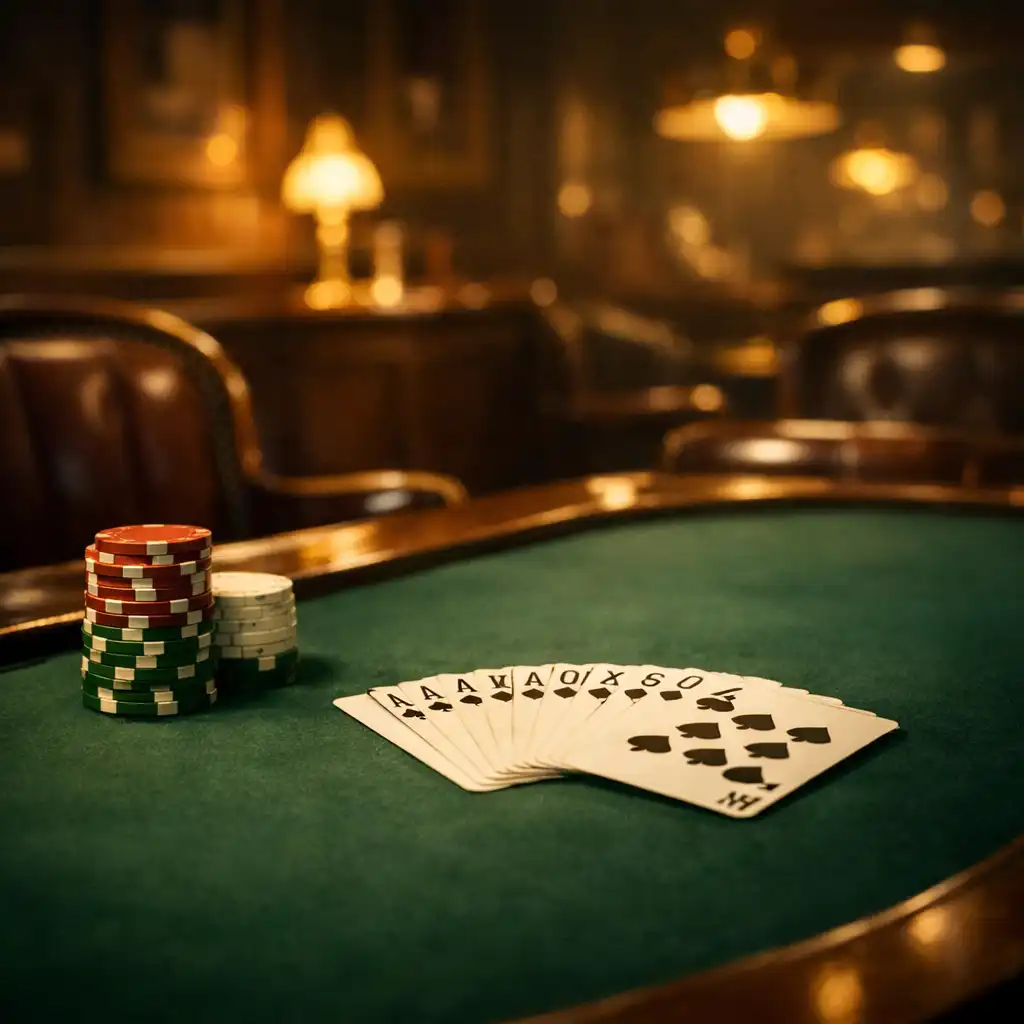 A moody poker table with green felt, clay chips, and playing cards in a Neo-Retro Australian clubhouse