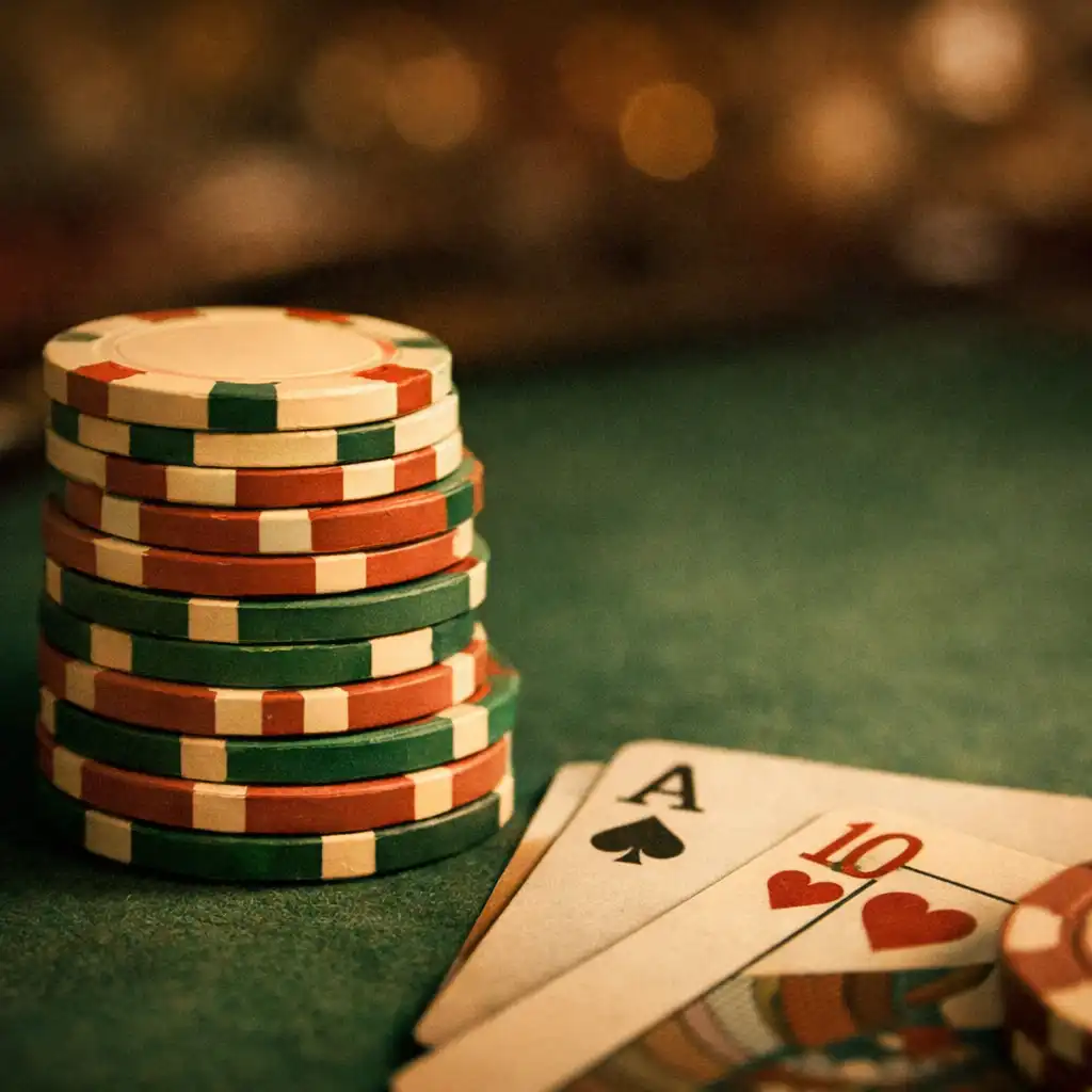 Stack of clay poker chips on a poker table with playing cards beside them