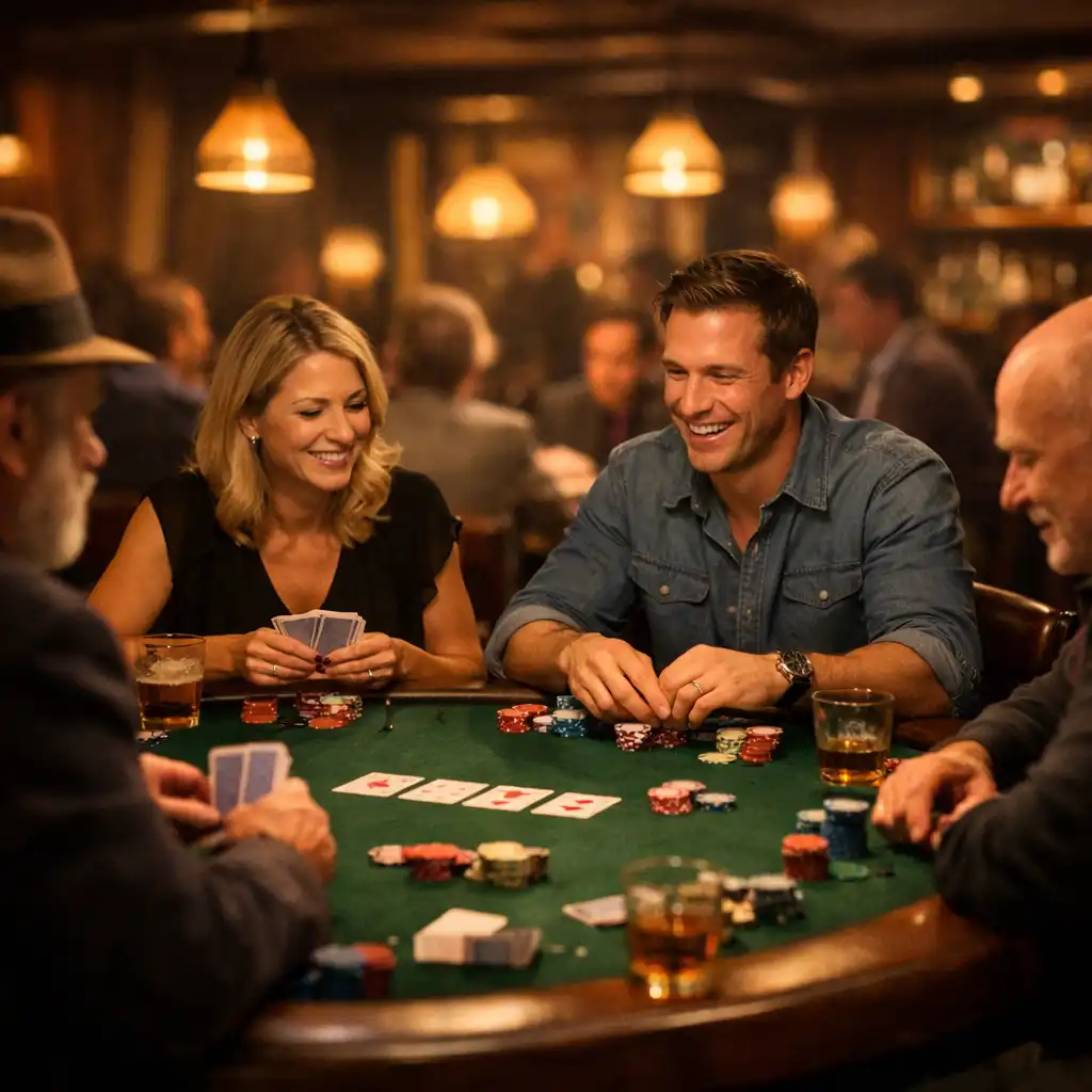 People enjoying a poker evening at a table in the warmly lit card lounge