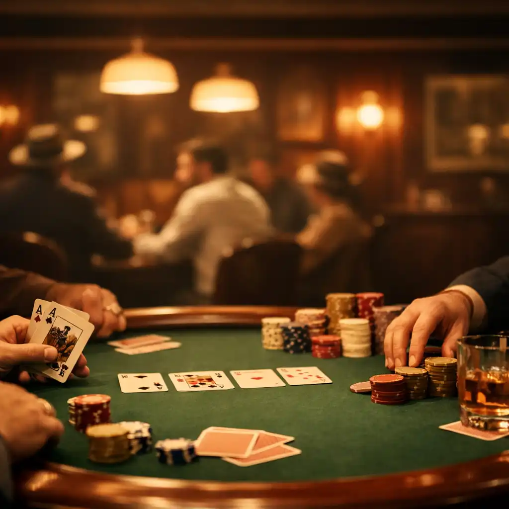 Warm poker evening at a Neo-Retro Australian clubhouse table with players' hands and chips