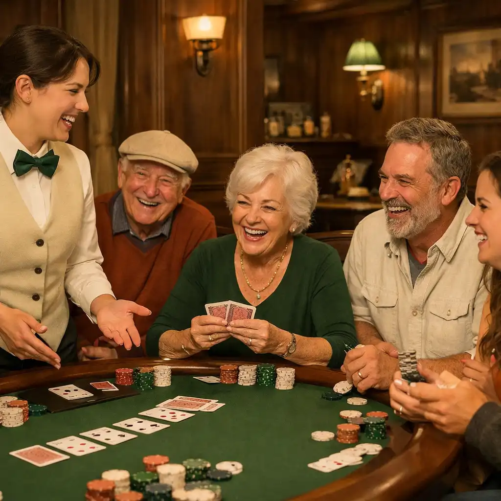 Group of people laughing and learning poker at a table with a staff member explaining the game