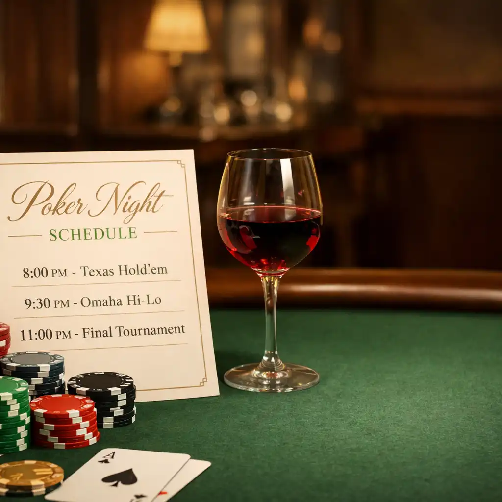 Close-up of a poker table with a schedule card and neatly stacked chips
