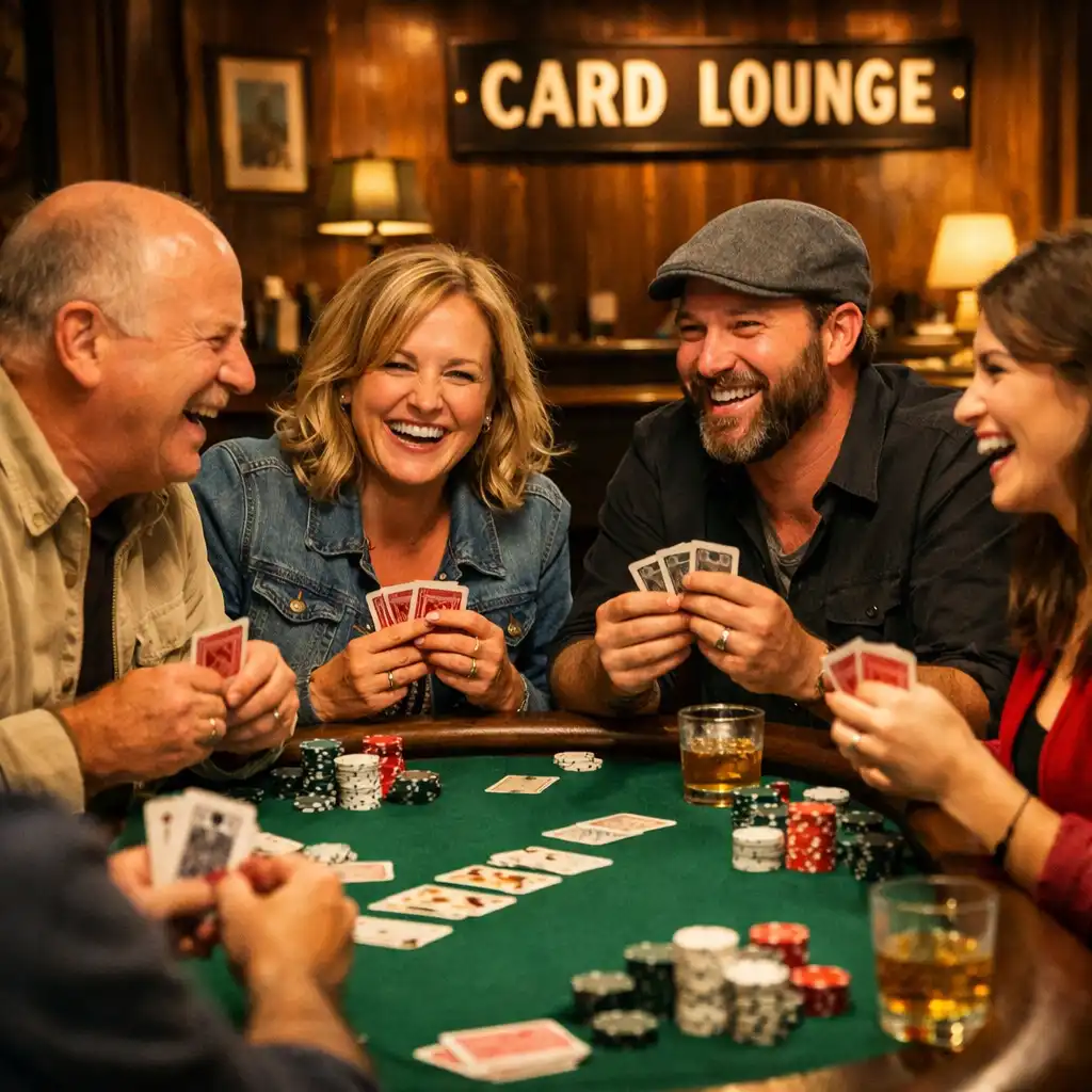 A group of people laughing and holding cards around a poker table during a poker evening