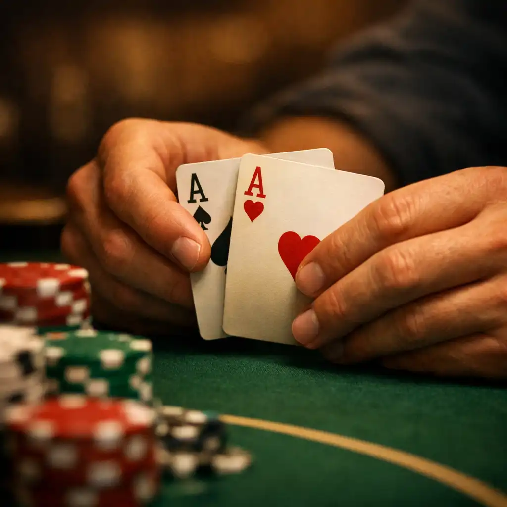 Close-up of hands holding playing cards over a poker table with chips nearby