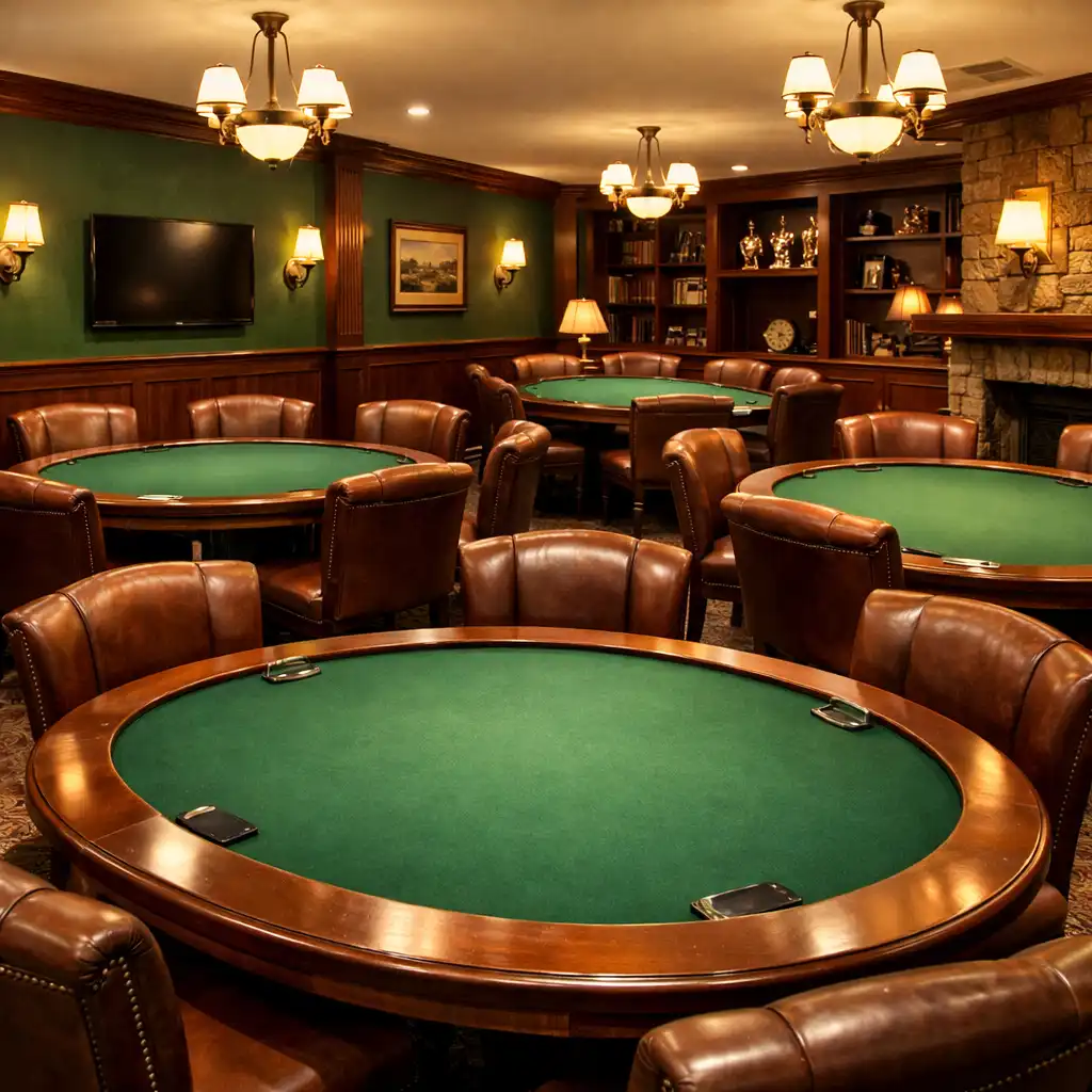 Interior of the dedicated poker lounge with multiple green felt tables and leather chairs
