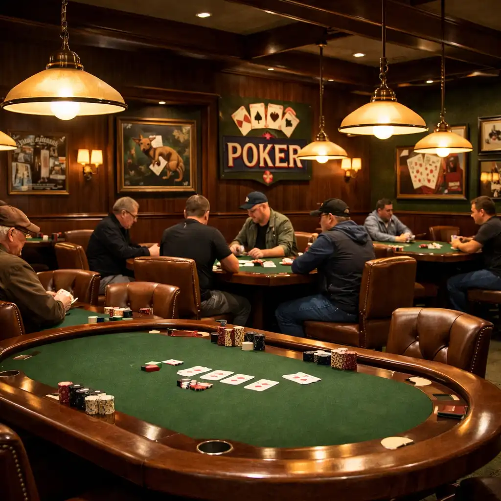 Wide view of the dedicated poker lounge with professional poker tables and leather chairs
