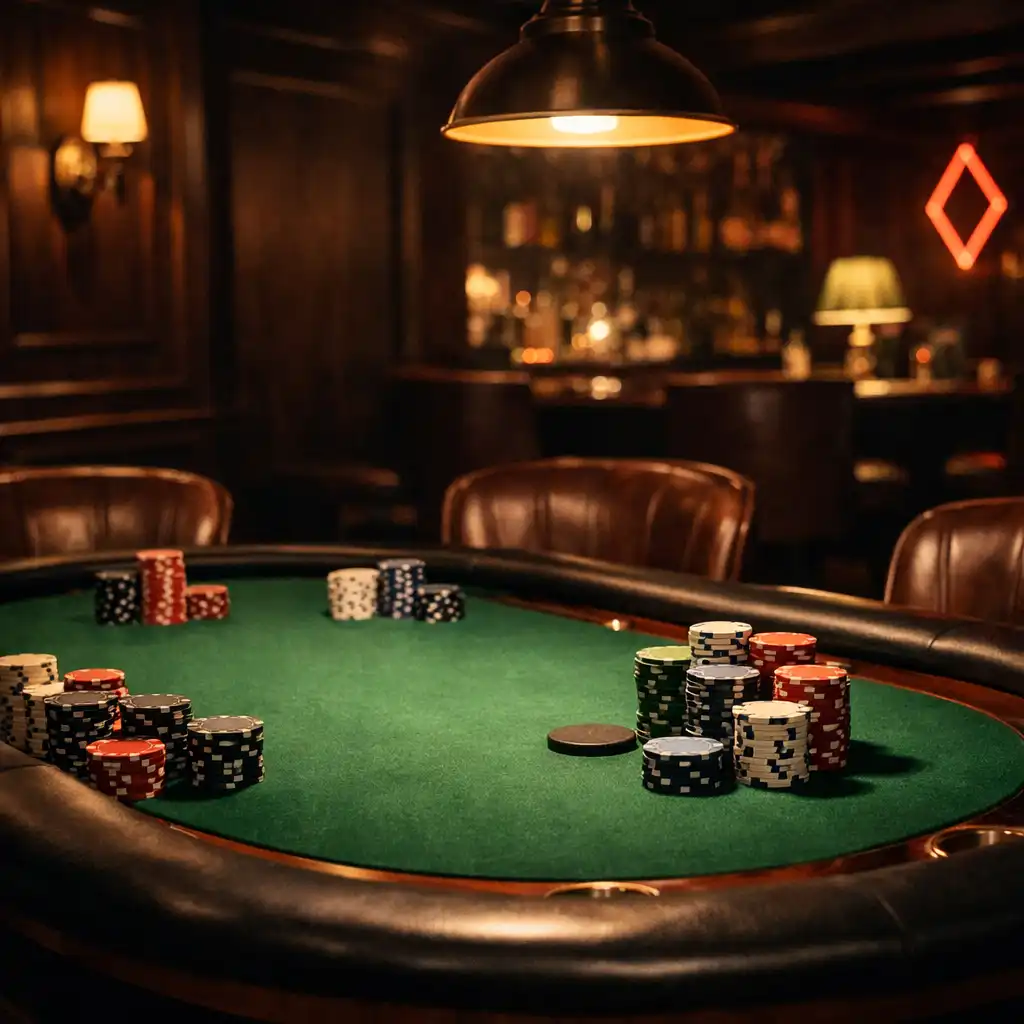 Moody poker lounge with a professional poker table, green felt surface, and stacks of chips under warm spotlights