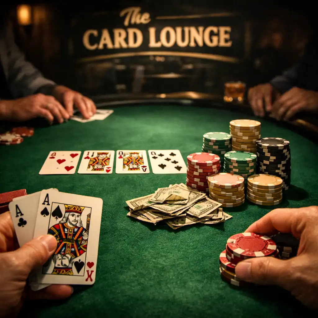 Hands playing cards on a green felt poker table with chips in the Card Lounge