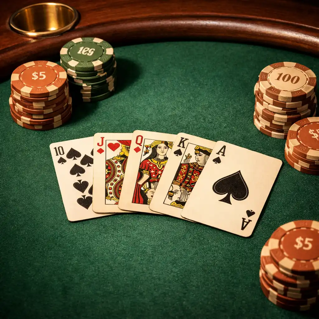 Close-up of a premium poker table with playing cards and clay chips