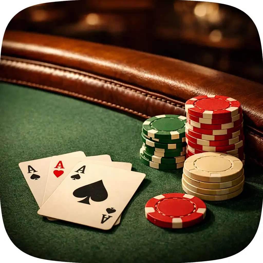 Close-up of a poker table surface with fanned playing cards and stacked clay chips