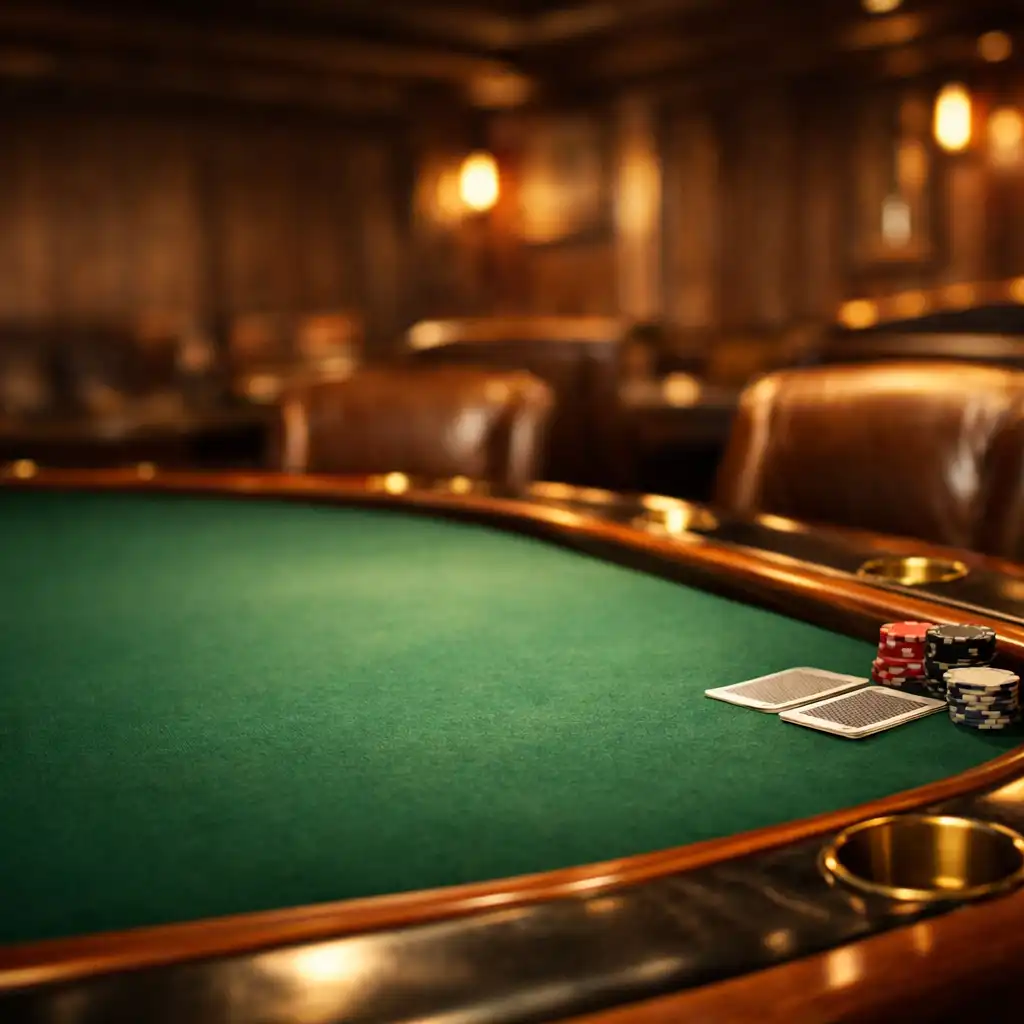 A beautifully crafted poker table in the warmly lit card lounge at Fortune & Table