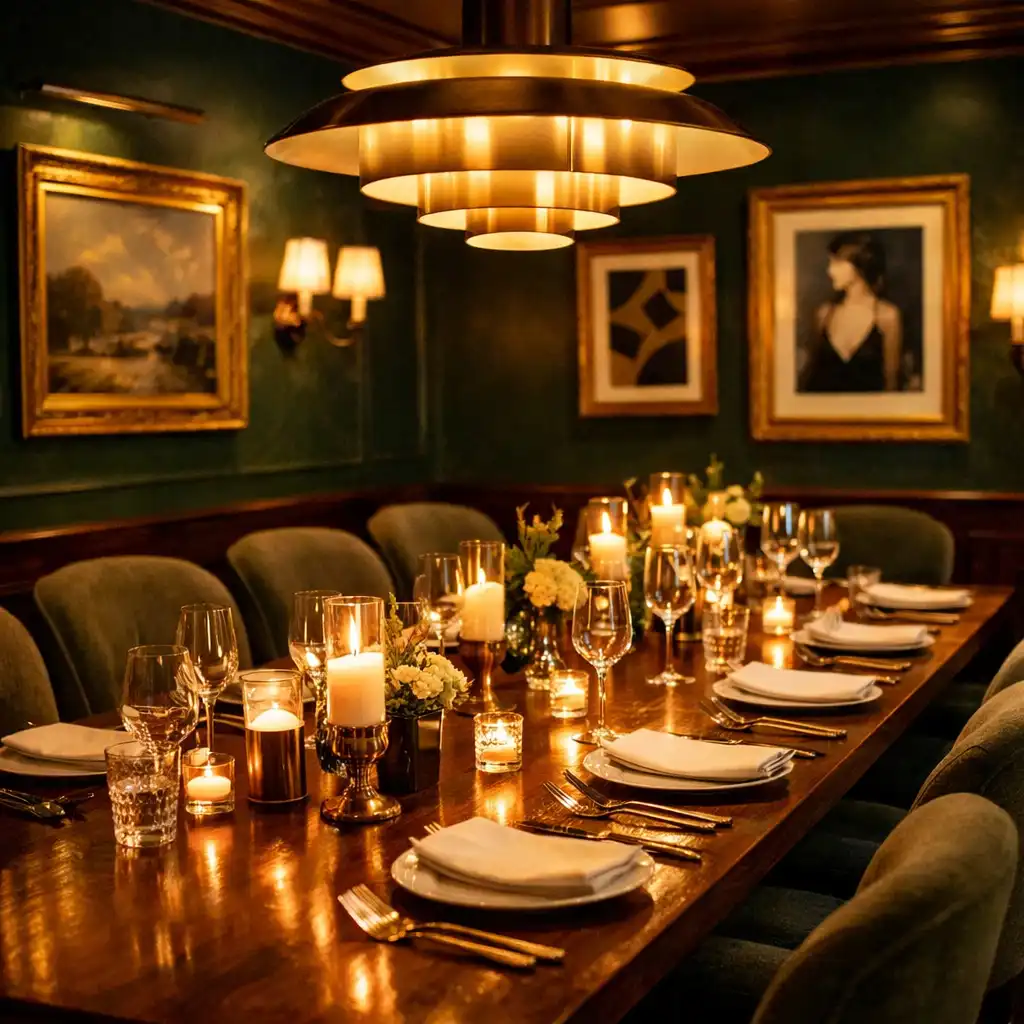 Intimate private dining room with a long wooden table, forest green walls, and a statement pendant light