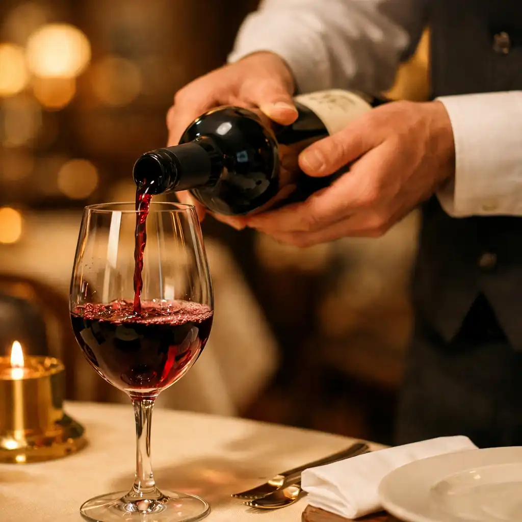 Close-up of a waiter's hands pouring wine into a glass at a restaurant table