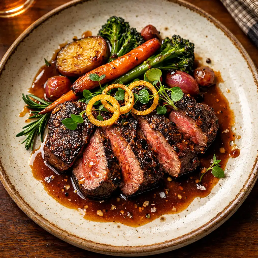 Wood-fired porterhouse steak served with roasted bone marrow and hand-cut chips