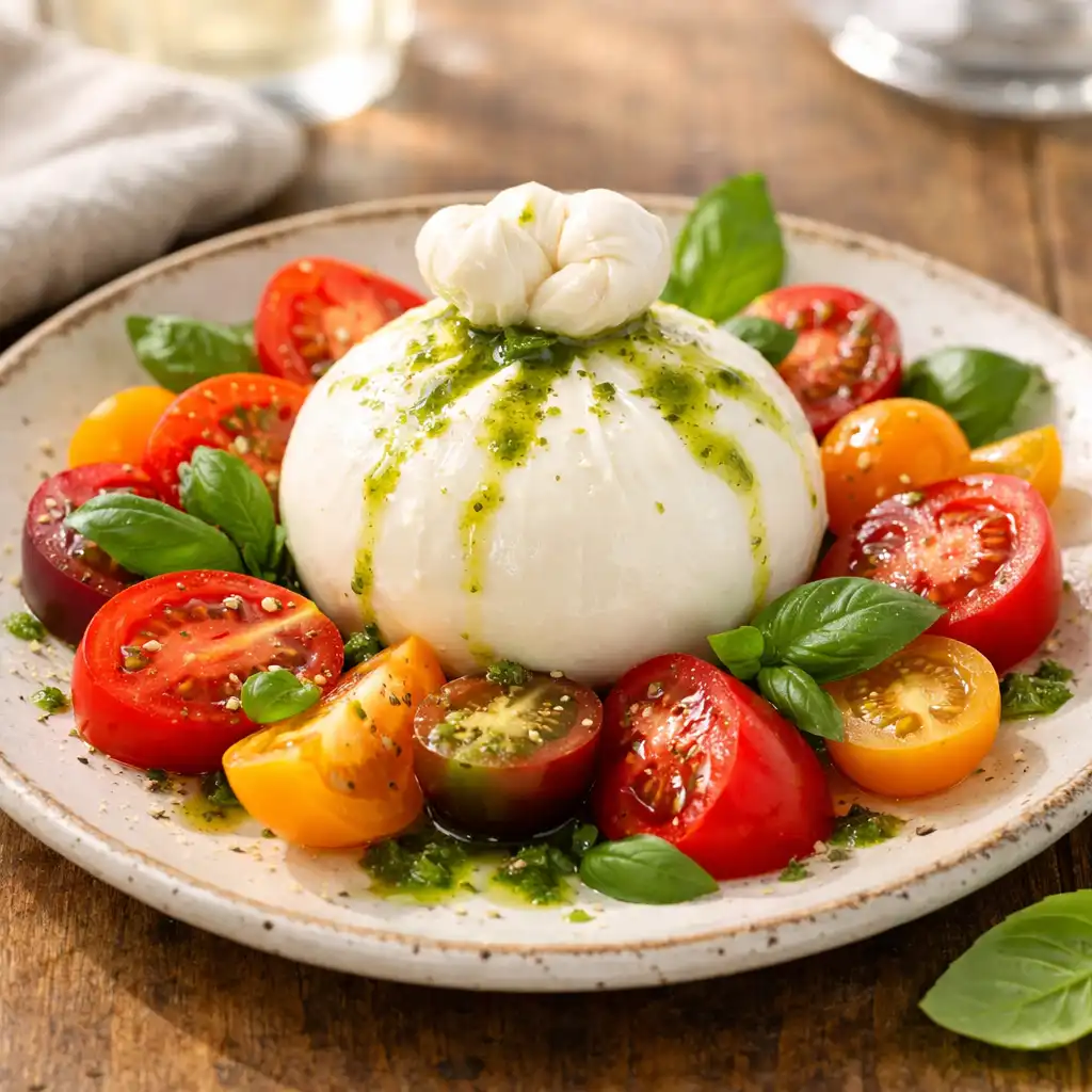 Creamy burrata with heirloom tomatoes, basil oil, and sourdough crostini