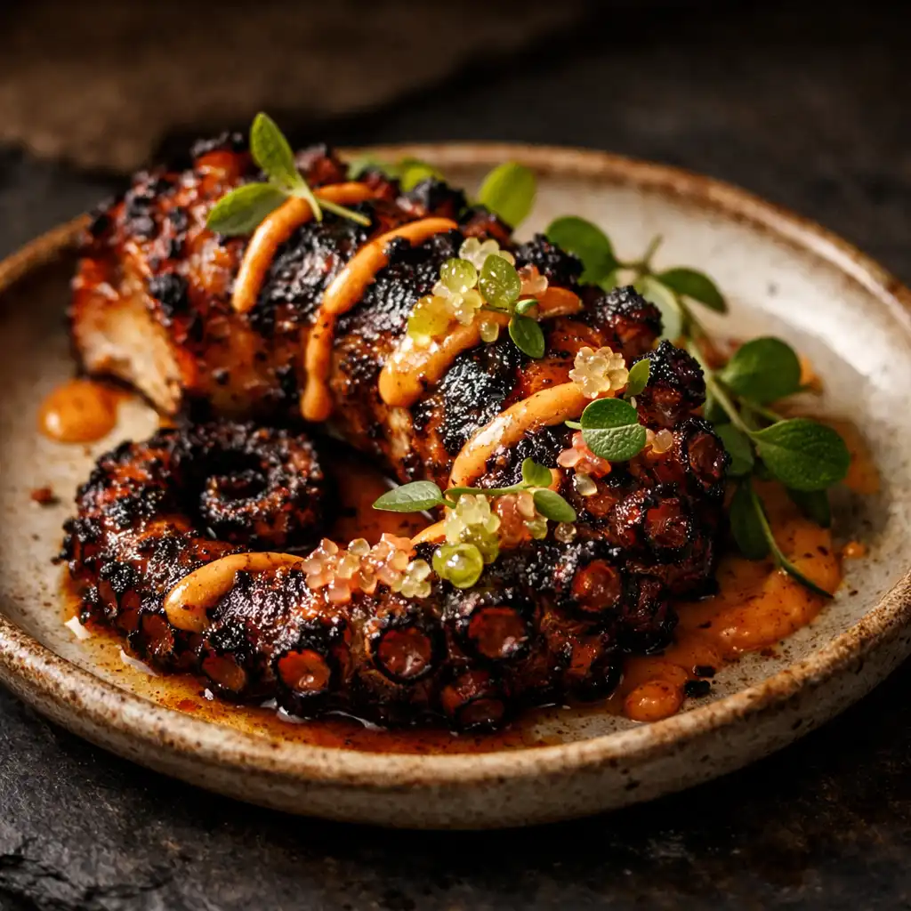 Charred octopus with finger lime, microgreens, and smoked paprika aioli on a dark slate plate