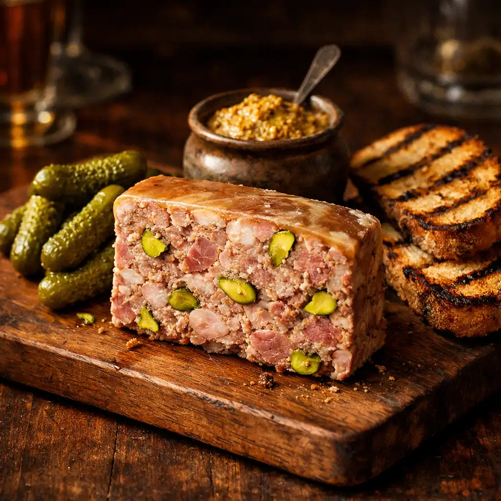 Pork and pistachio terrine with cornichons, mustard, and grilled bread on a wooden board